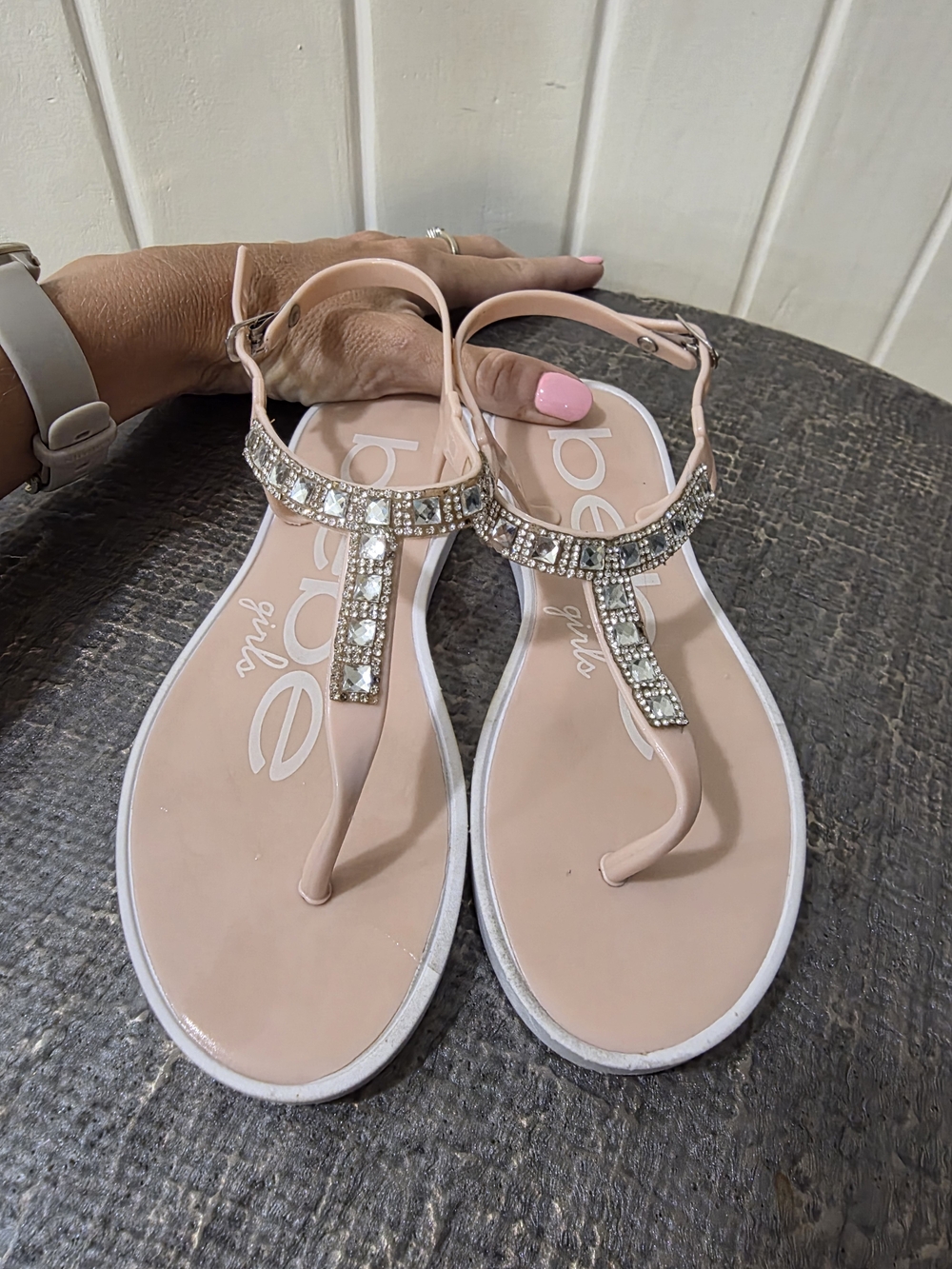bebe Blush Jeweled T-Strap Sandals